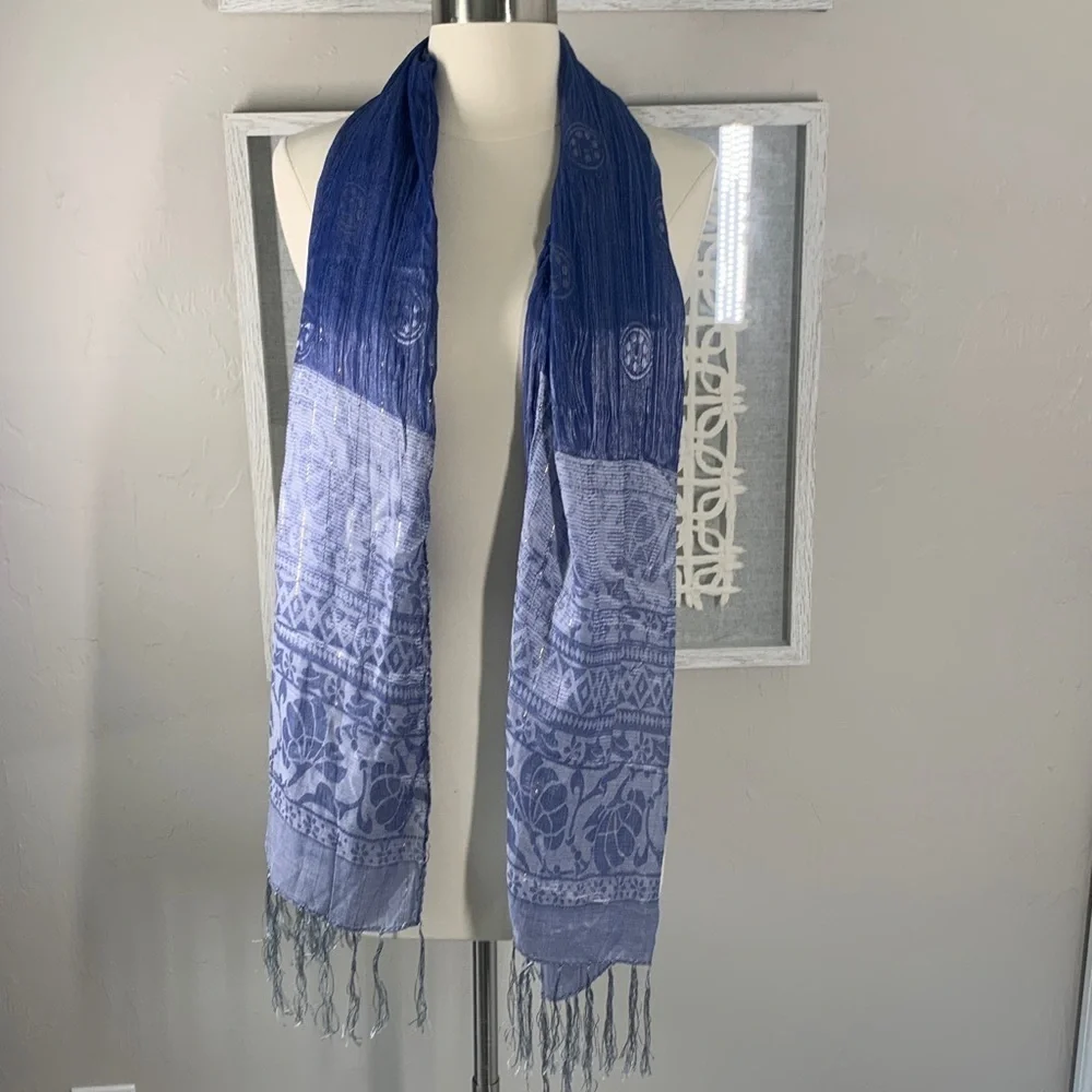 Blue Patterned silk Scarf with Fringe